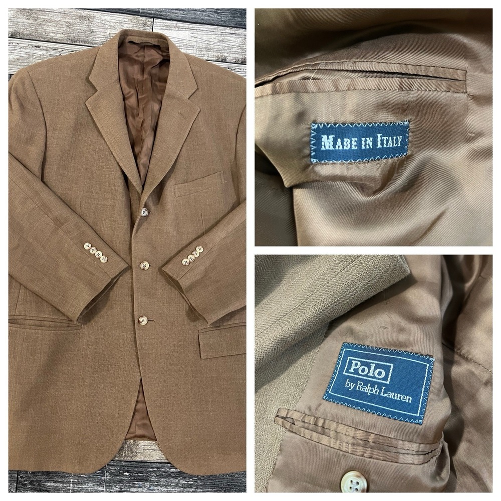 Polo Ralph Lauren Mens Wool Flax NylonHerringbone Sport Coat  46L  Made in Italy